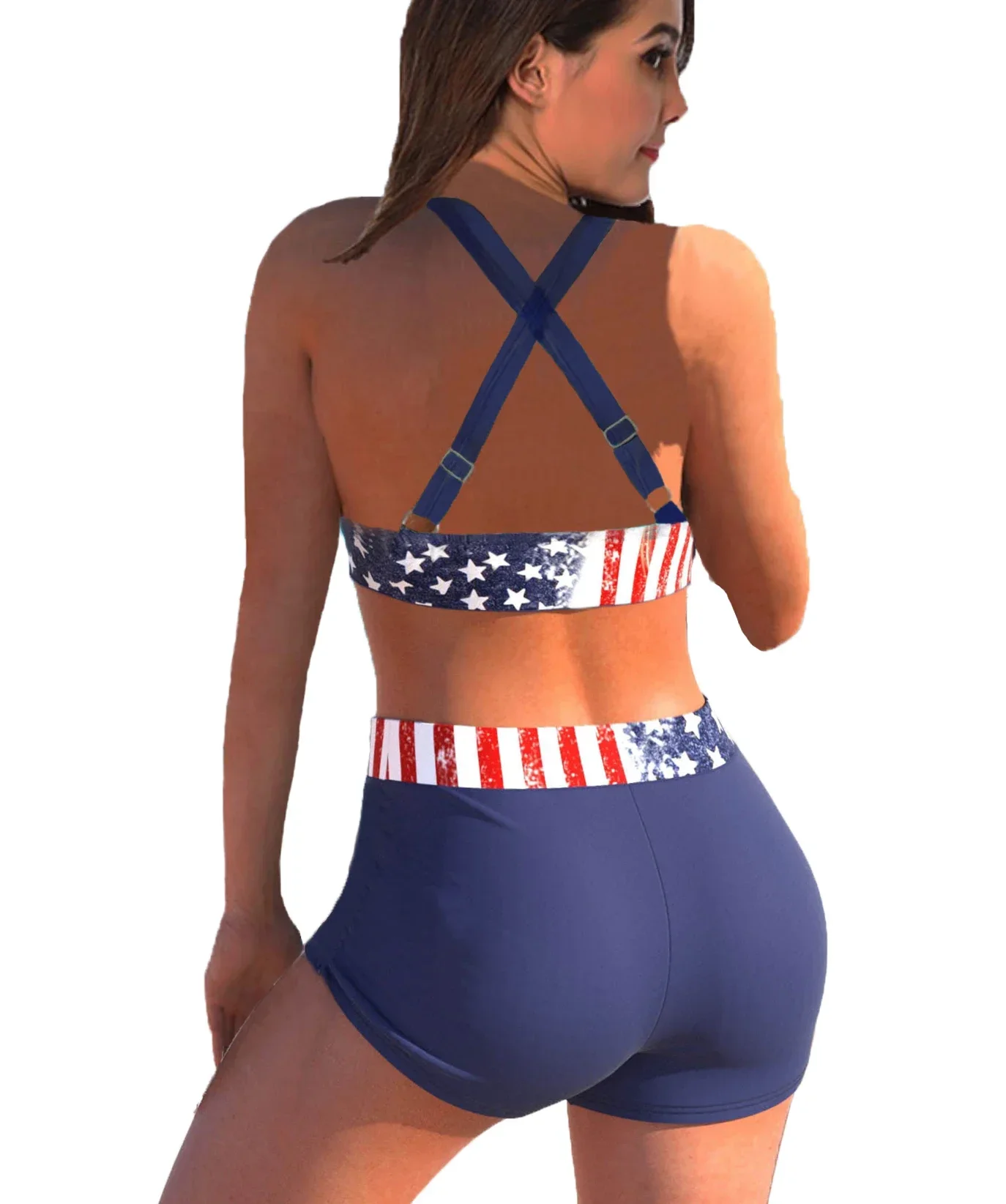 Summer Vacation Women's Design Cross Strap Backless Swimsuit Two Piece Patchwork Printed Top Swimsuit S-6XL