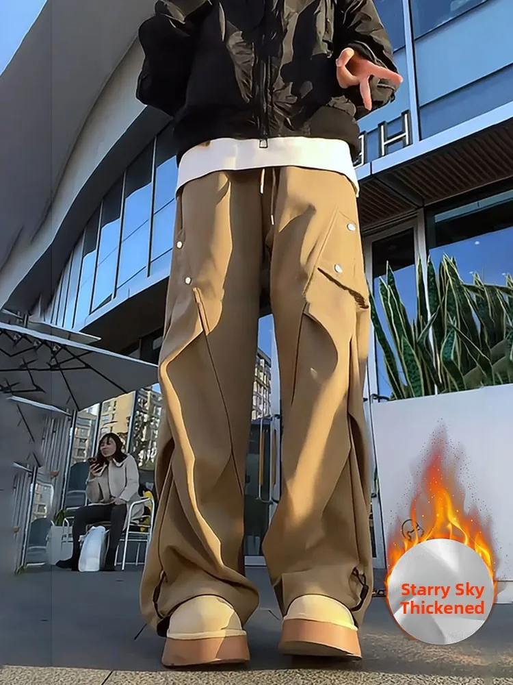 Men's Fce Lined Straight Leg Casual Cargo Pants Autumn Winter Loose Fit Wide Leg Trousers Starry Night Wrinkle Design