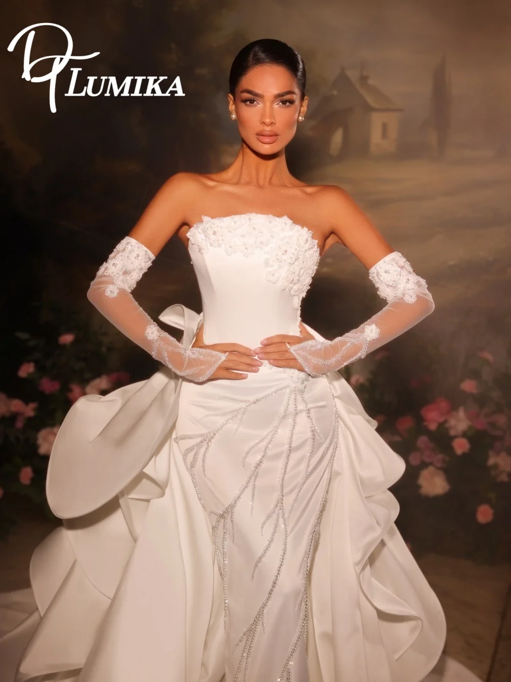 

Luxurious Strapless Satin Mermaid Wedding Dress 2026 Opulent Bridal Dress Dramatic Ruffle Overlay Bridal Gown Vestidos De Novia