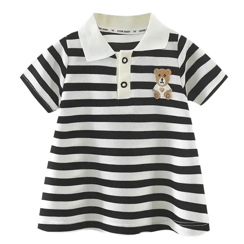 2025 neue kinder kleid mädchen Koreanische version sommer cartoon gestreiften revers kurzarm casual kleid 1-12Y