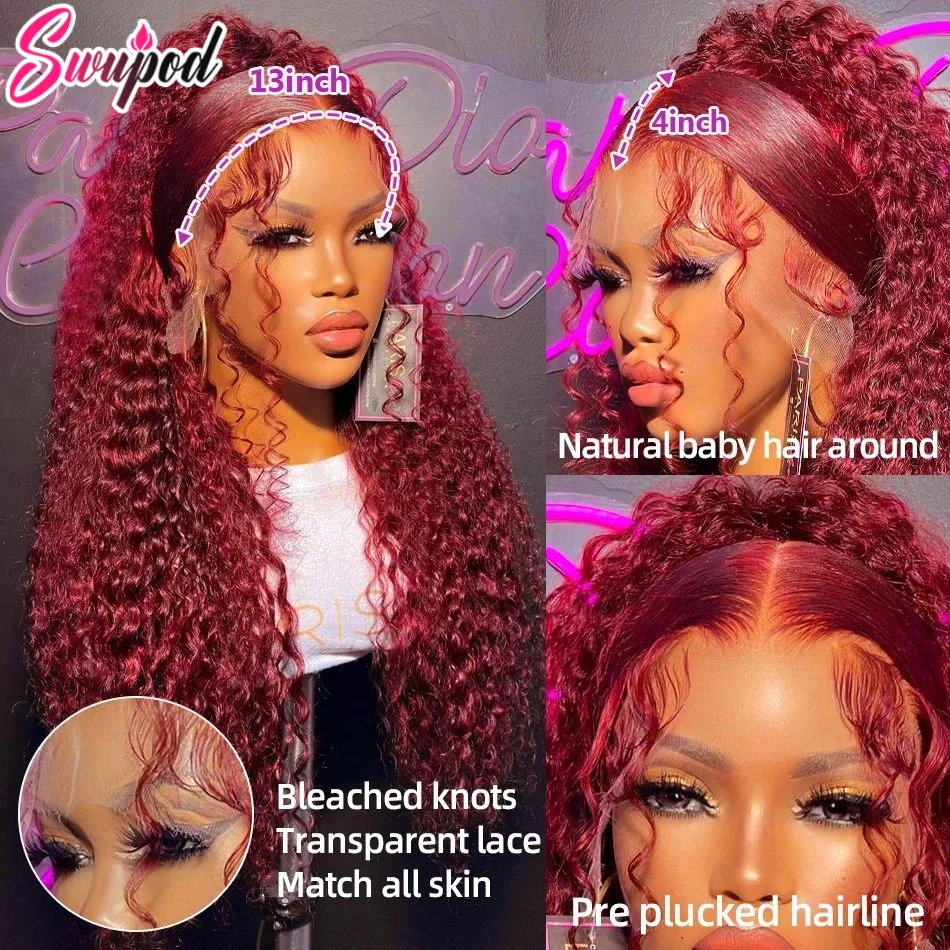 40 inch13x6 Deep Wave Frontal Wigs Human Hair Hd Transparent 99j Burgundy 13x4 Front Wig Red Colored Kinky Curly 4x4 Glueless