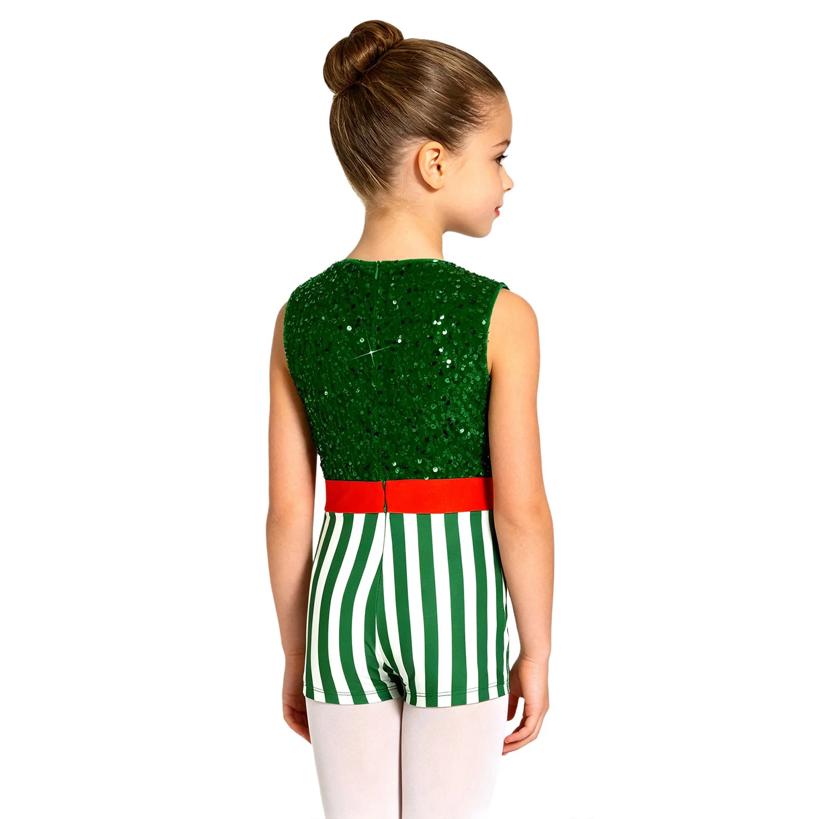 Kids Girls Christmas Candy Cane Ballet Dance Costume Sleeveless Shiny Sequins Velvet Stripe Jumpsuit Rhythmic Gymnastics Leotard