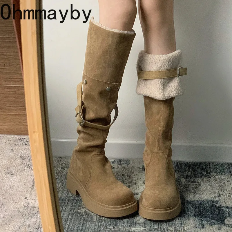 

Platform Keep Warm Women Knee High Boots Fashion Belt Buckle Shoes Autumn Winter Thick Heel Ladies Knight Long Booties