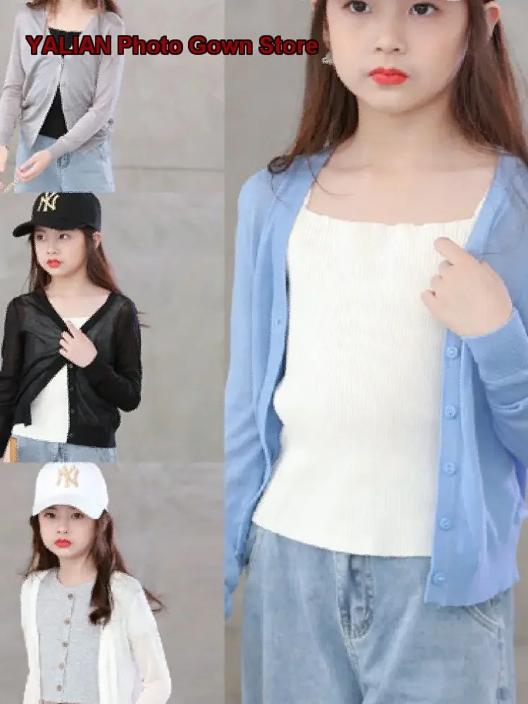 Girls Knit Cardigan Kids Autumn Summer Round Neck Knit Top Solid Color Thin Breathable Soft Older Kids