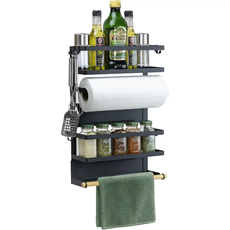 

Magnet Spice Rack Organizer for Refrigerator, 4-Tier Magnetic Storage Shelf with Paper Towel Holders and 5 Hooks, Multi-p