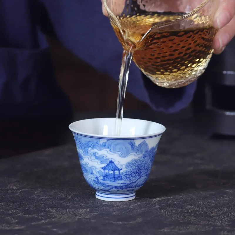 LMM hand-painted blue and white landscape cover bowl teacup high-end light luxury retro underglaze color kung fu tea set