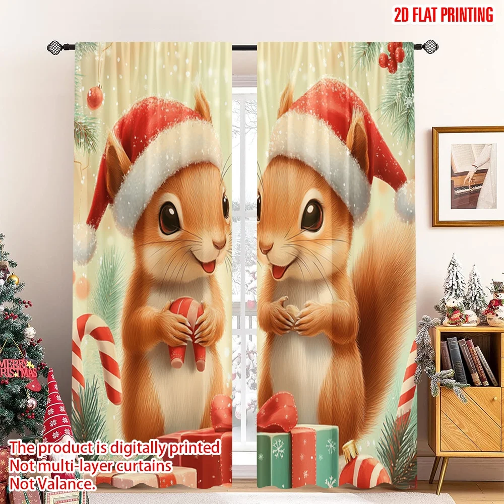 

2pcs 2D flat printing Merry Christmas Popular Curtain Cute Squirrels Christmas Gifts 100% Polyester Without Electricity Festive