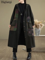 Denim Hooded Oversized Autumn Long Coat Women Flower Floral Print Fashion Casual Ladies Jackets Loose Pleated Woman Coats