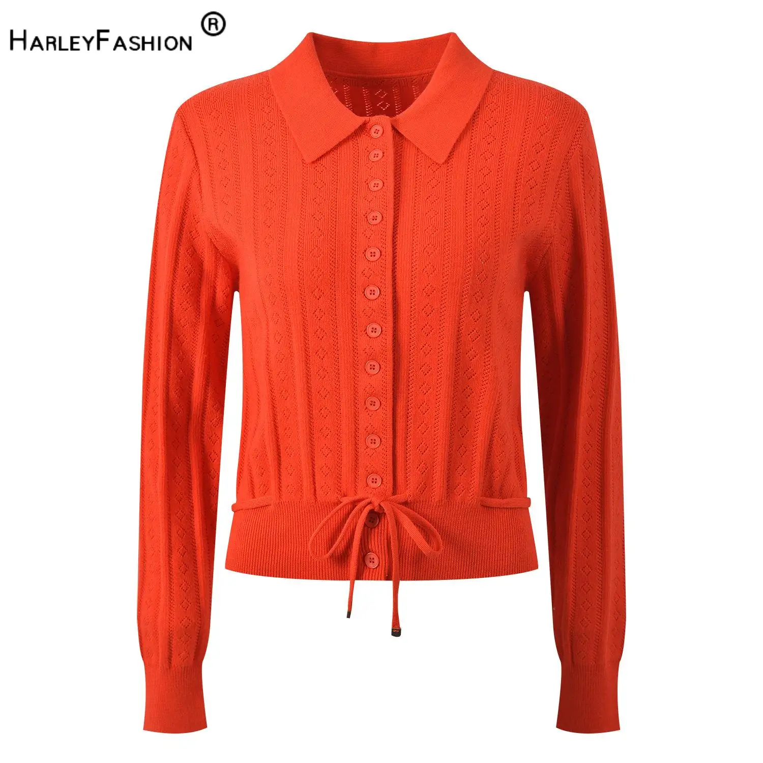 2026 Autumn New Arrival Designed Drawstring Waist Lady Turn-down Collar Long Sleeve Solid Basic Wear Women Casual Knits Cardigan