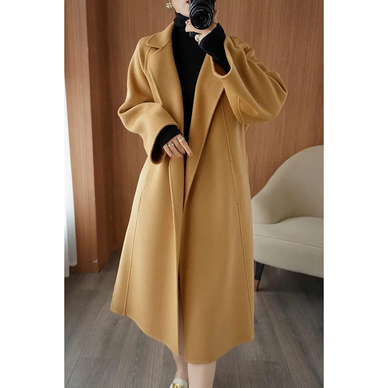 Autumn Winter Women Woollen Trench Coat Fashion Open Stitch Outerwear for Office Lady Solid Turn-down Collar Long Coats