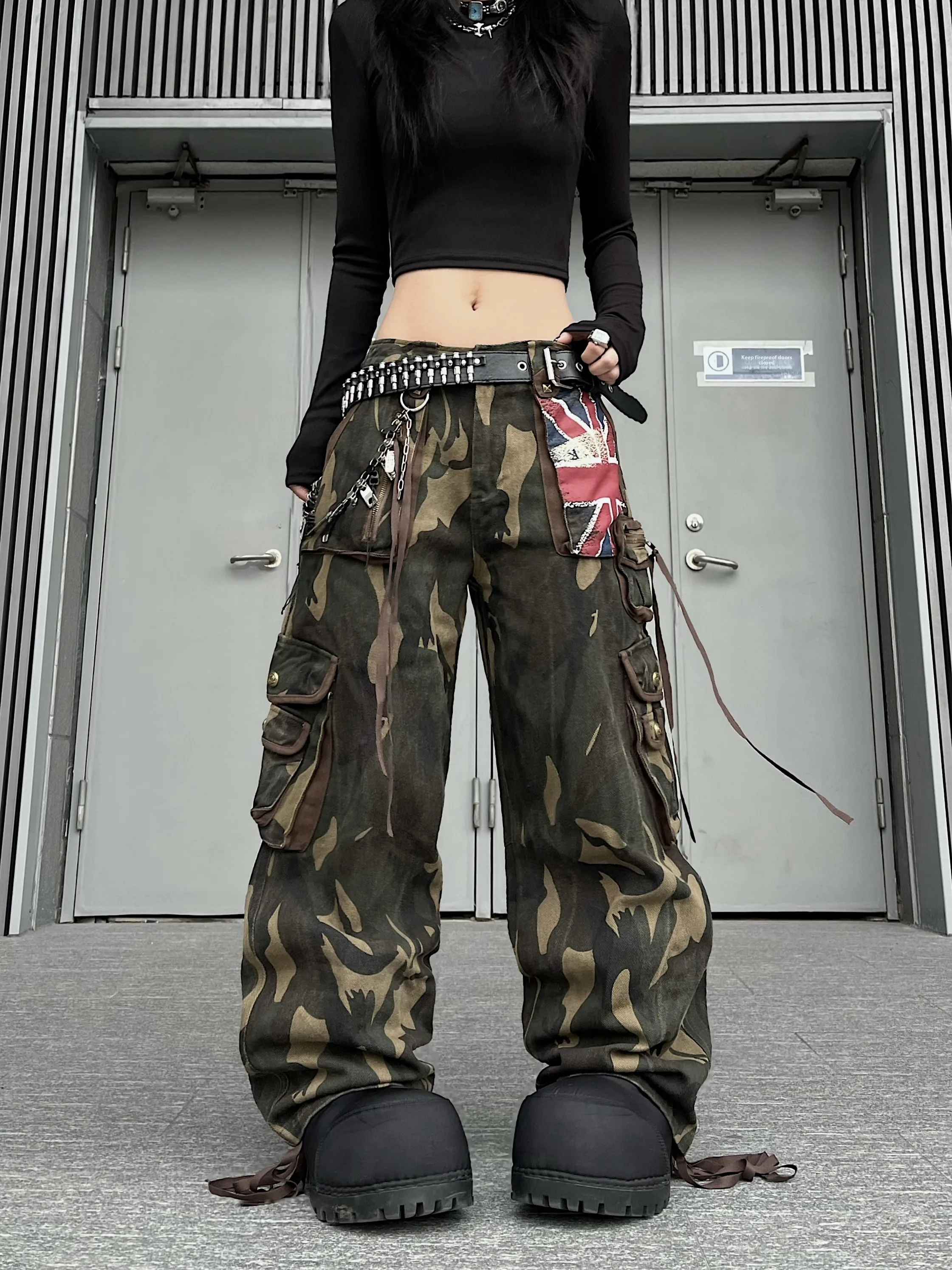 

Ретро-американские камуфляжные рабочие брюки свободного кроя с широкими штанинами, повседневные брюки для мужчин и женщин, уличный стиль, свободные брюки-карго