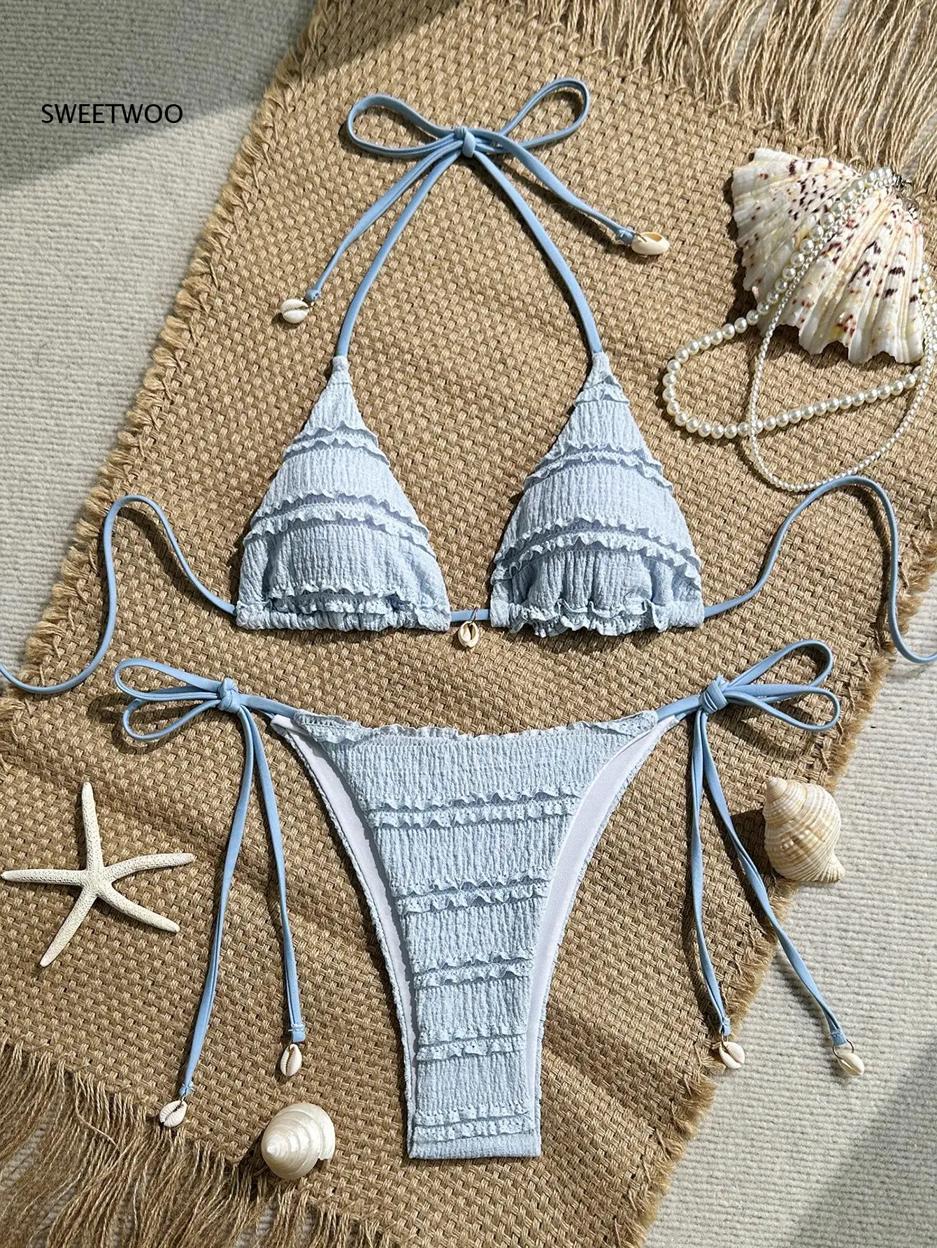Women Ruffled Bikini Set Halter Tie Up Triangle Top with Shell Decoration Side Tie Bikini Bottom Two Piece Swimsuit