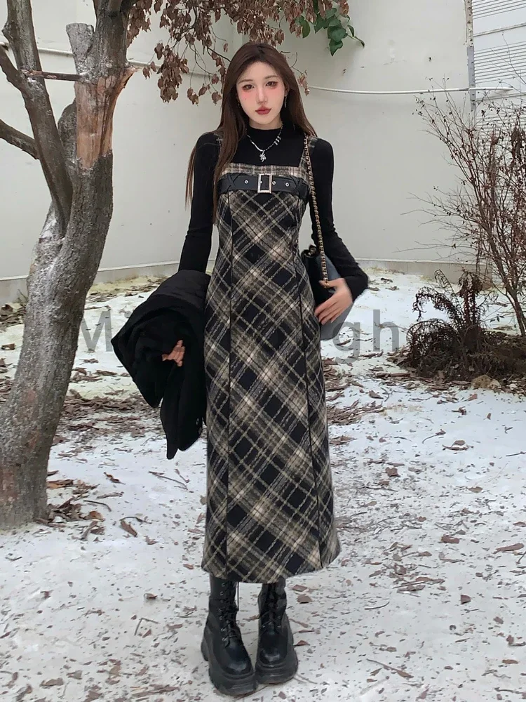 French Elegant Plaid Two Pieces Set Women Patchwork Y2k Vintage Dress Suit Female Korean Fashion Casual Retro Set 2024 Winter