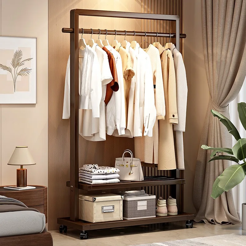 Solid wood hanger Floor hanging hanger Bedroom coat rack Household mobile hanging clothes rack Indoor simple drying rack