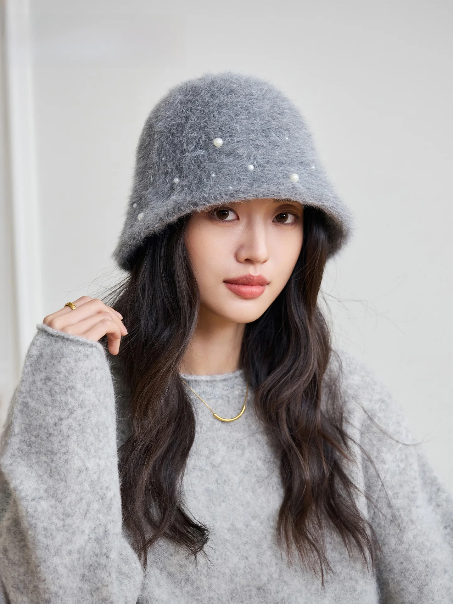 grey-pearl-frosted-rabbit-fur-bucket-hat-women's-autumn-winter-face-slimming-warmth-large-head-circumference-a-type-bucket-hat