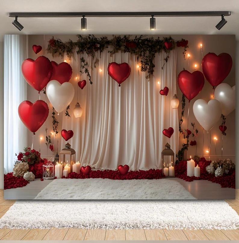 Valentine's Day Photography Backdrops Red Love Heart Balloon Rose Flower Romantic Room Scene Bride Wedding Background Wall Decor