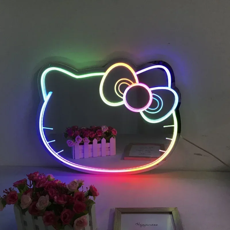 Flash LED Neon Sign Lights Colorful KT Cat Shape Mirror Neon Signs Party Christmas Decoration Shine Cartoon Light USB Multimode