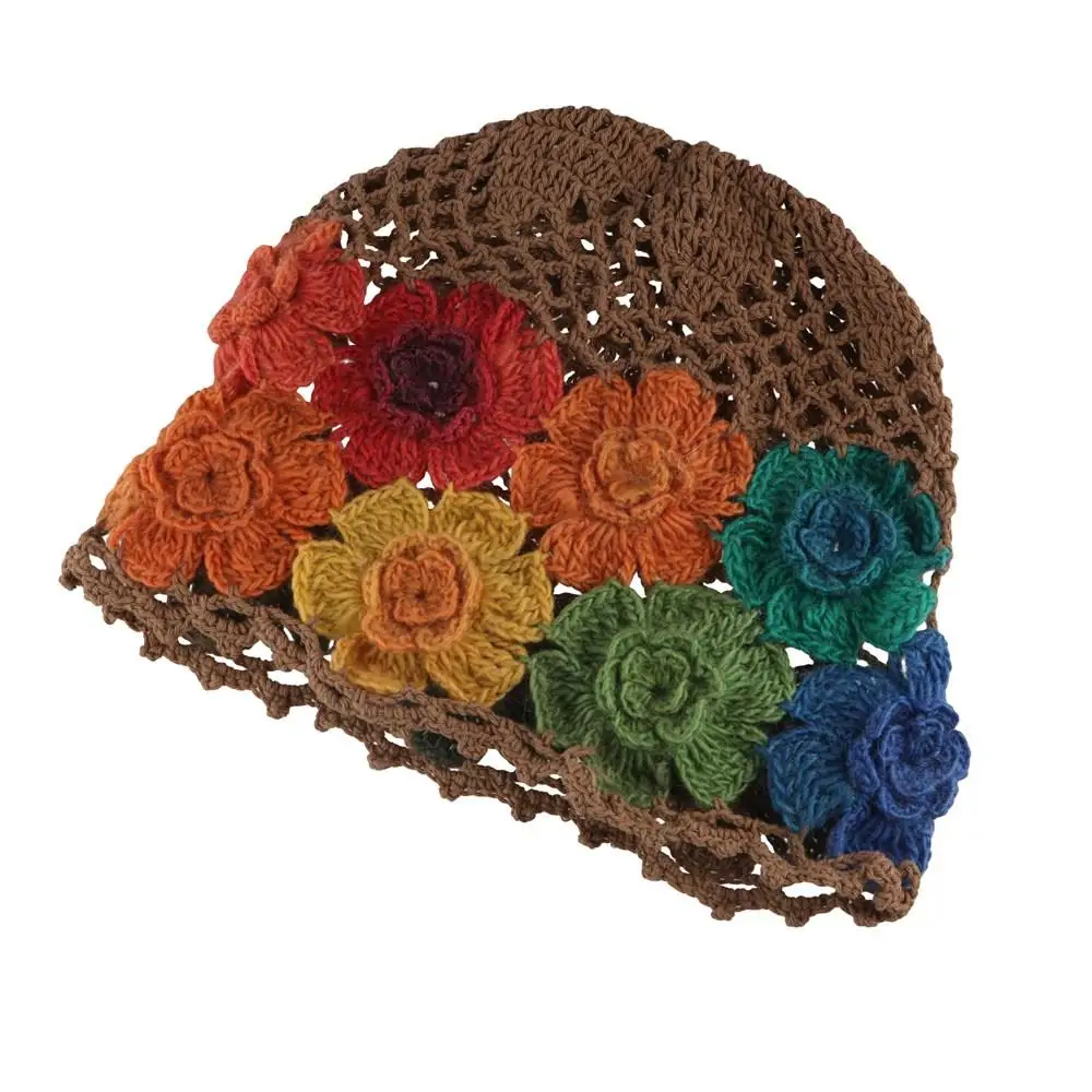 

Fashion Colorful Flower Hollow Knitted Hat Woolen Crochet Beanie Cap Hollow Thin Ethnic Style Pullover Hat Ladies
