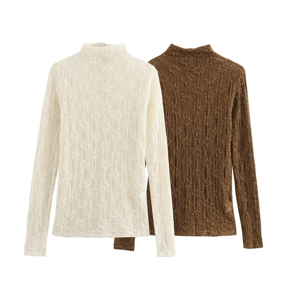 Pop 2025 New Turtleneck Women White Lace Shirt Long Sleeved Slim Fit Thin Mesh Tee Spring Sexy Solid Color Bottoming Shirt Tops