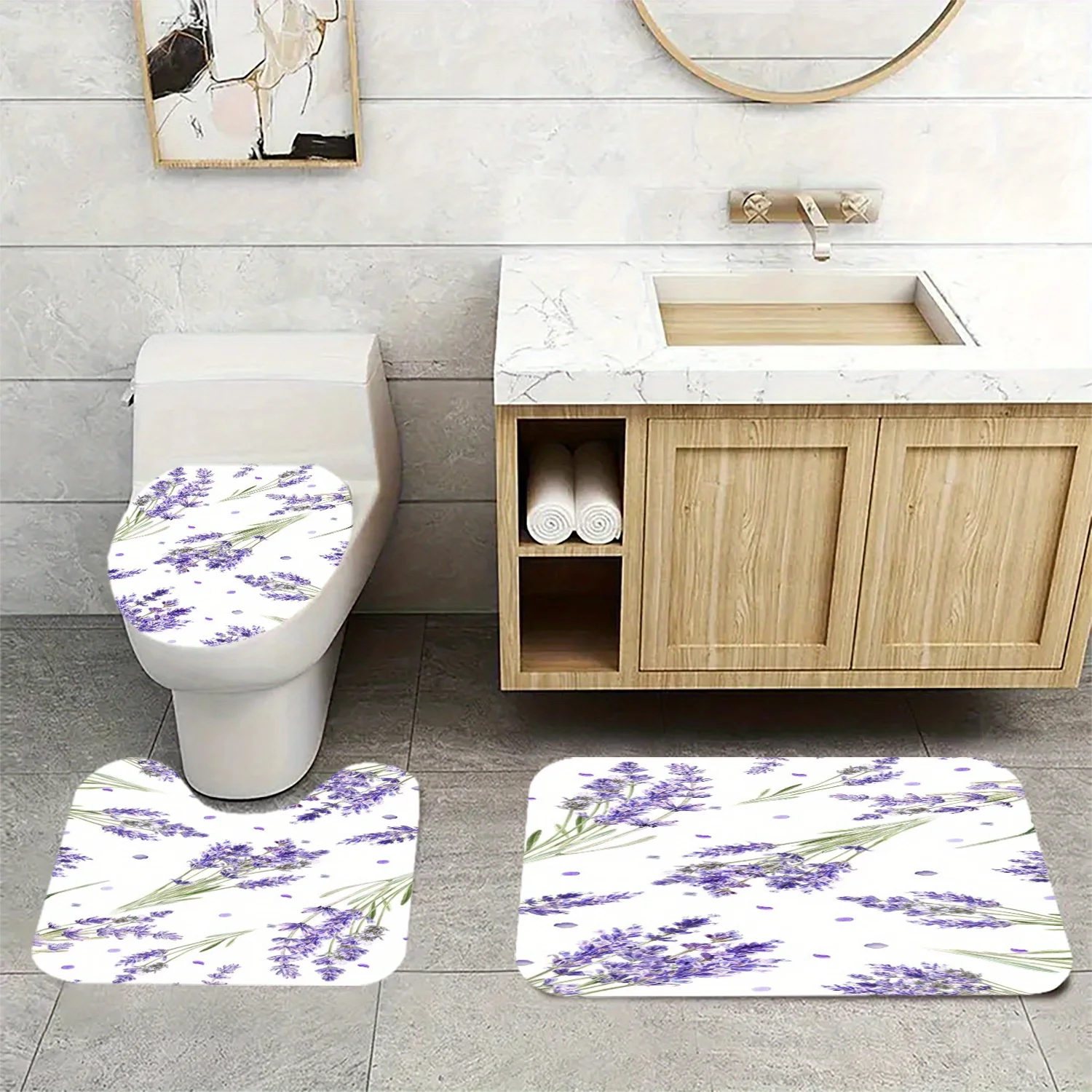 

Purple Lavender Flower Printed Bathroom Rugs Set 3pcs Non Slip Waterproof Floor Mats for Toilet Sink Shower Area Home Decor