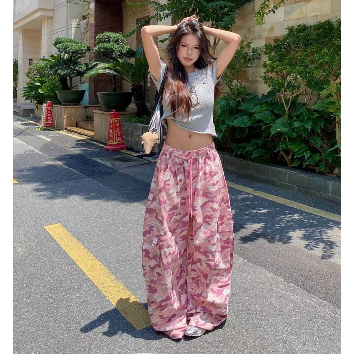American street girl pink camouflage work pants Y2K retro Harajuku slim fit fashionable wide leg casual straight leg mop pants