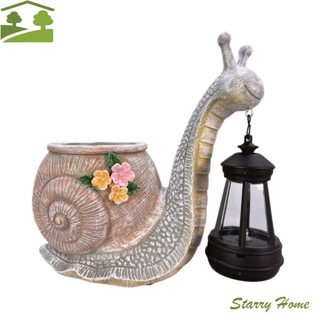 Resin Snail Statue Planter Decorative Eco Plant Pot Snail Holding Solar Lantern Sun Proof with Warm LED Light