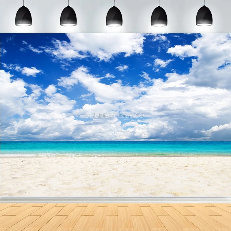 

Beautiful Paradise Island Coconut Palm Tree Sunrise Backdrops Maldives Tropical Beach Sea Blue Sky Summer Background AB-08