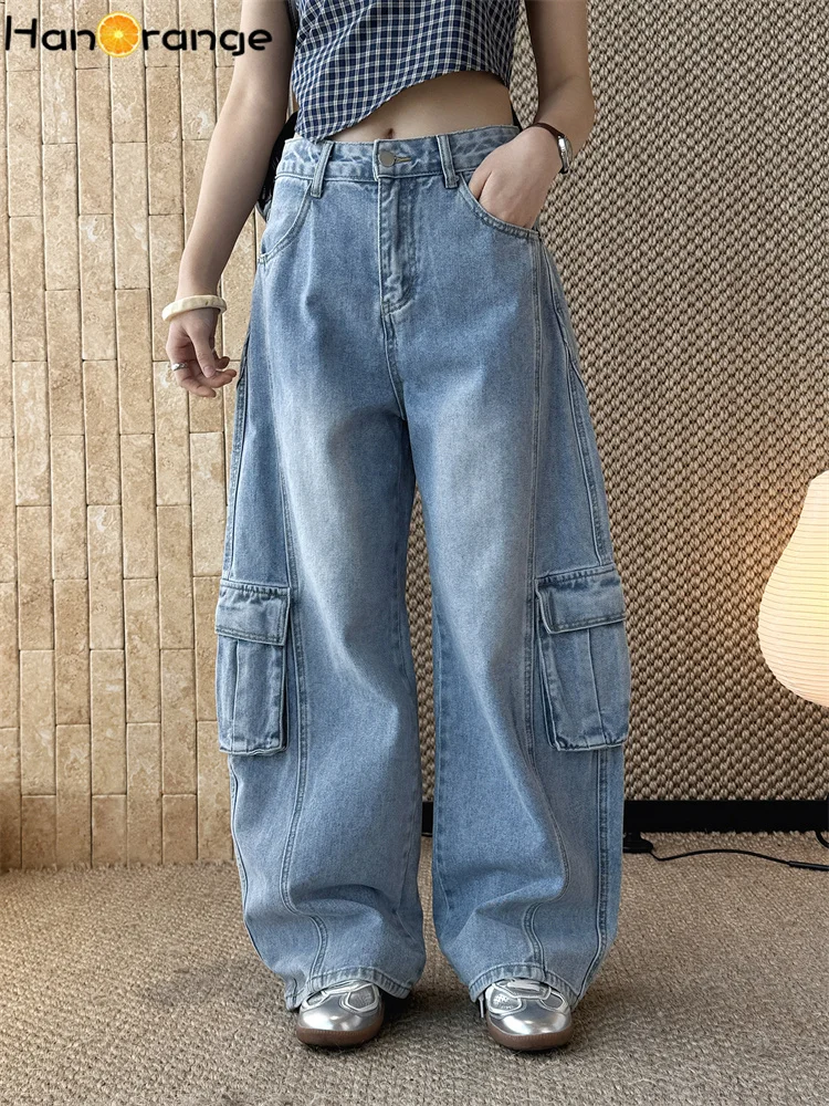 

HanOrange 2026 Spring/Summer Vintage Workwear Pocket Symmetrical Patchwork Denim Pants Women Loose Washed Jeans Blue