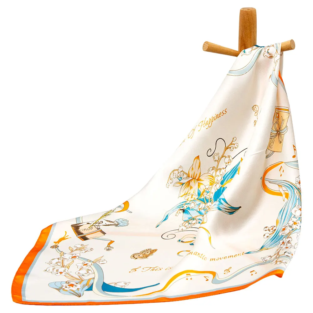 53cm Pure Silk Scarf Women Floral Lily Printed Square Bandana Female Head Neck Wrap Soft Shawl Foulard Kerchief Luxury Accessory
