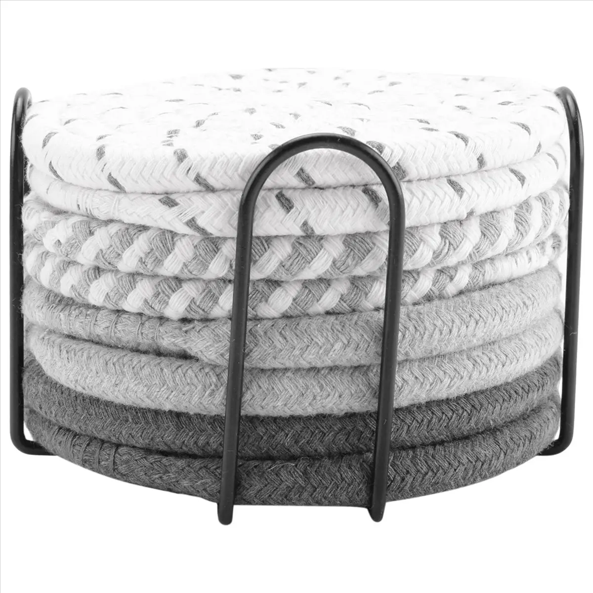 (ˉ﹃ˉ) 8 Pcs Drink Coasters with Holder, 4 Colors Absorbent Coasters for Drinks, Cotton Woven Coaster Set for Home Decor B
