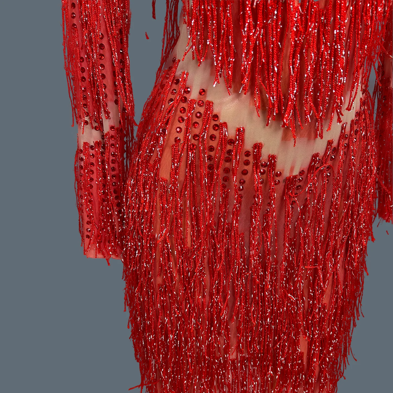 Women Sexy Tassel Long Sleeved Dress Celebrate Festival Evening Prom Elastic Ultra Short Dress Latin Dance Stage Show Costume