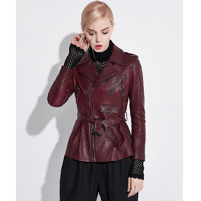 Women's Jackets 2024 Winter Real Sheepskin Korean Style Waist Closing Belt Slim Zipper Motorcycle Suit Collar Veste Femme Marron