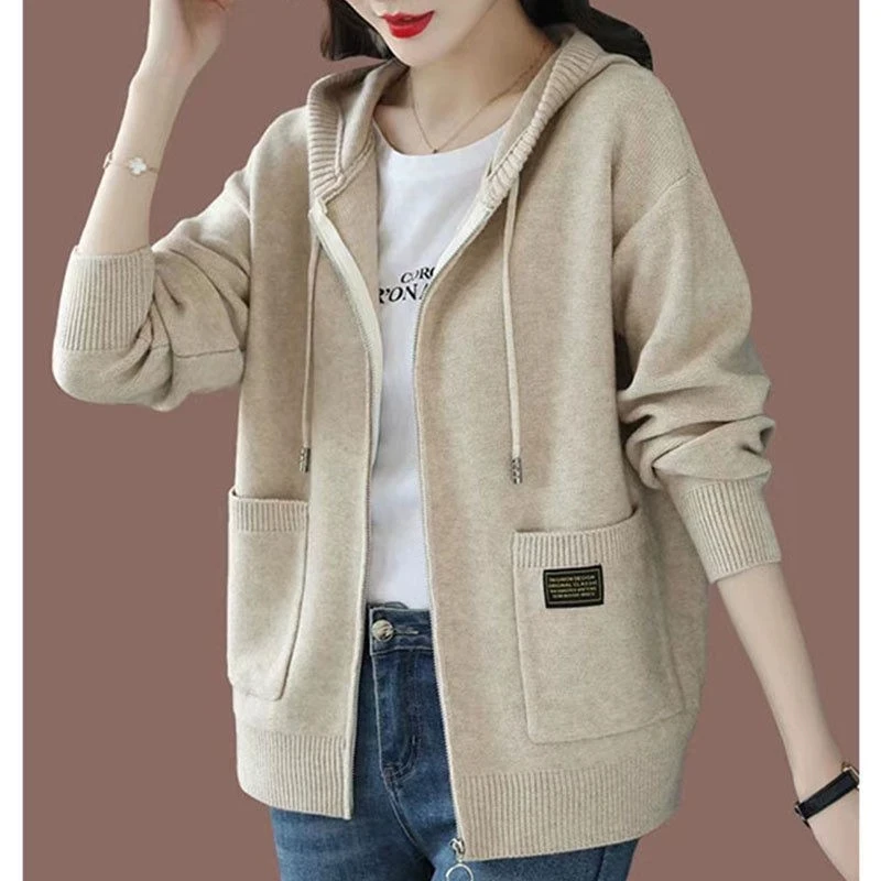 

Female 2025 Spring Autumn New Casual Zipper Sweater Hat Knitted Cardigan Coat