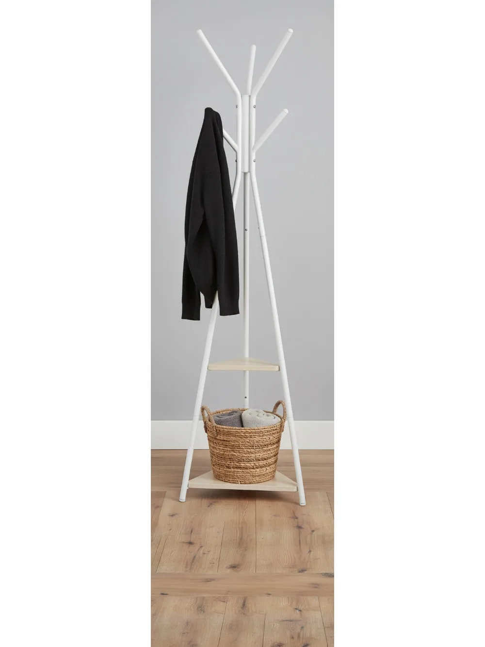 

Industrial Coat Rack Stand with 6 Hooks & 2 Shelves, Freestanding Hall Tree for Clothes Storage, Natural Beige
