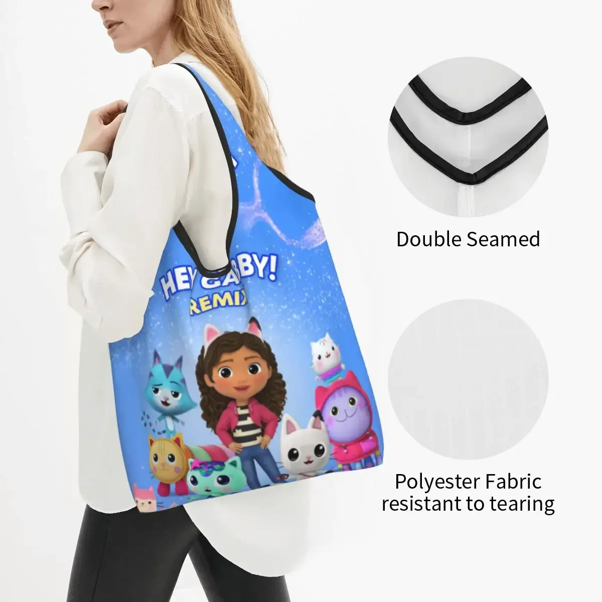 Custom Reusable Gabby Cats Gabbys Dollhouse Shopping Bag Women Tote Bag Portable Pandy Paws Mermaid Groceries Shopper Bags