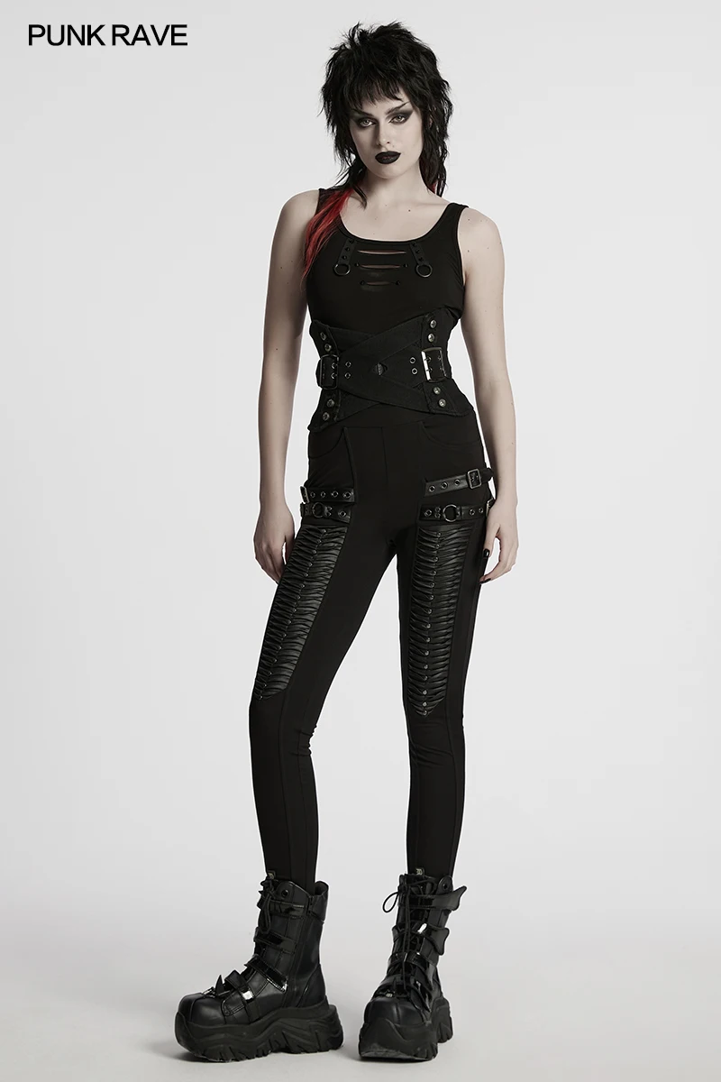 PUNK RAVE 여성용 펑크 인터레이스 디자인 코르셋 맞춤형 금속 버클 및 스터드 장식 Cummerbunds 액세서리