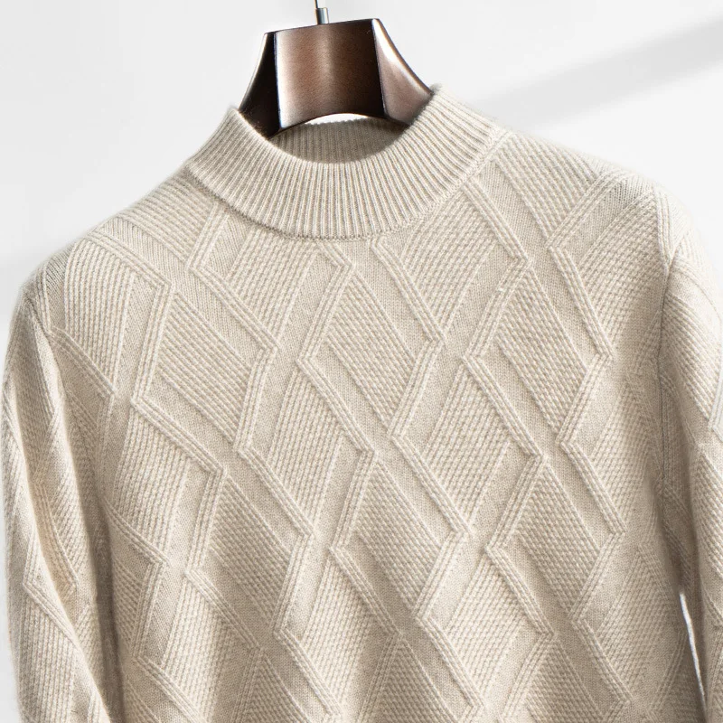 Men Cashmere Sweater Half Turtleneck Thick Jacquard Business Loose Autumn Winter