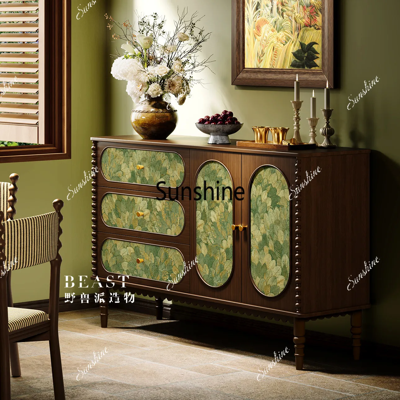 French medieval solid wood three buckets against the wall integrated storage bed
