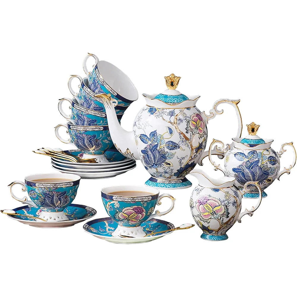 

Tea Party Gifts Coffeeware Teaware Bone China 21-piece Tea Set 6 Vintage Floral Porcelain Cups and Saucers Tools Kitchen Dining