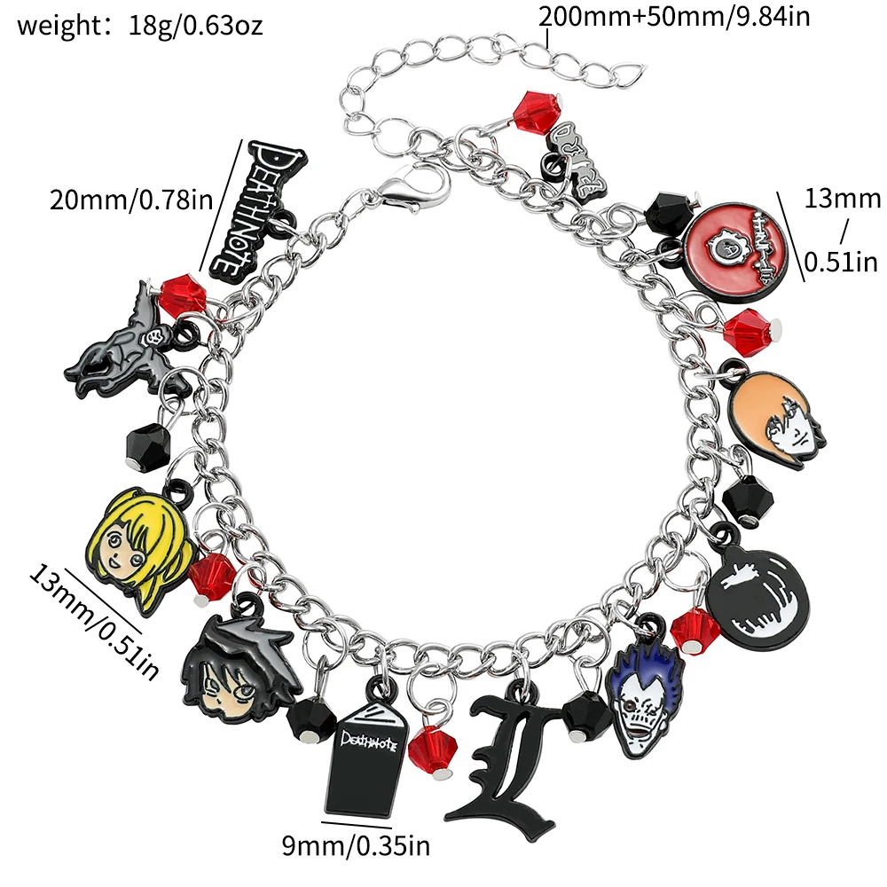 Death Note Charm Bracelet - Anime Cosplay Jewelry with L, Light, Misa, Ryuk & Shinigami Charms Silver Plated Fan Gift