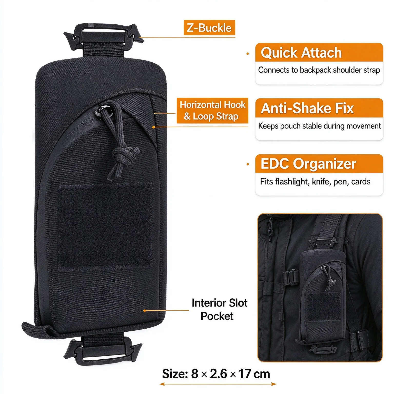 Tactical Backpack Shoulder Strap Pouch, Molle Compatible EDC Tool Bag, Quick Attach Pocket for Camping Hiking Hunting Small Gear