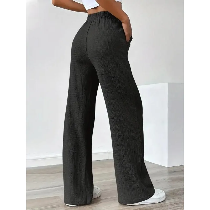 Plus size nieuwe damesmode stropdas elastische taille broek effen casual losse rechte wijde pijpen broek
