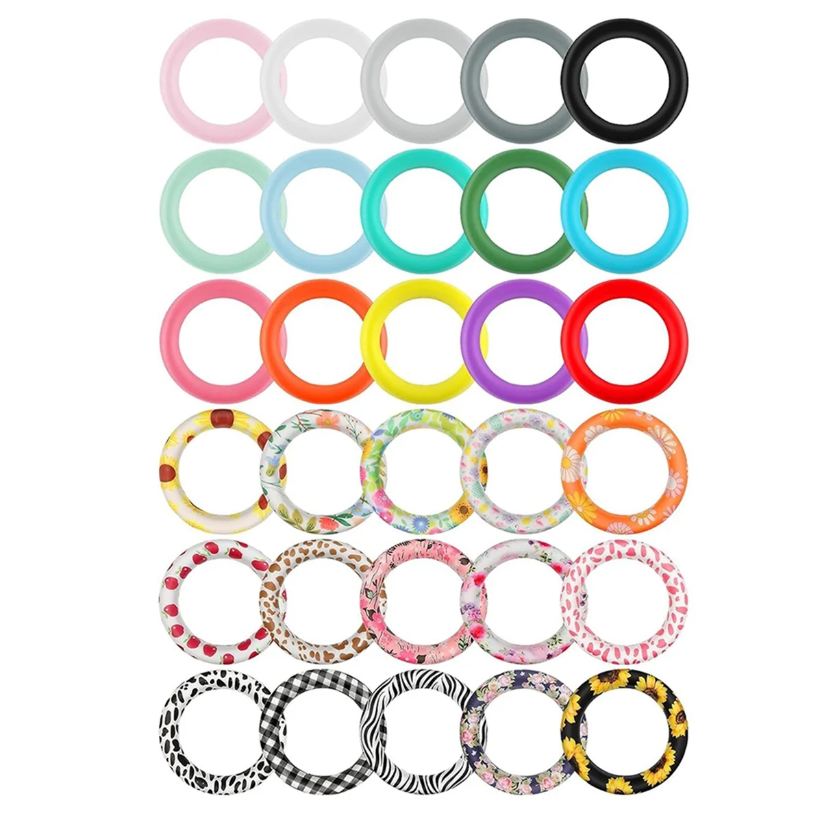 30PCS Silicone O Rings Beads, 65mm Sunflower Beadable Silicone Rings Spring Summer Round Silicone Loop Pendant Beads