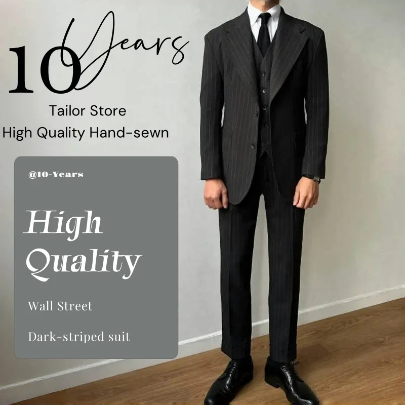 

Dark Gray Stripes Men's Suit Jacket + Pants Business Casual Classic Men's Double-Breasted Gentleman's Blazer 2-Piece Formal Suit