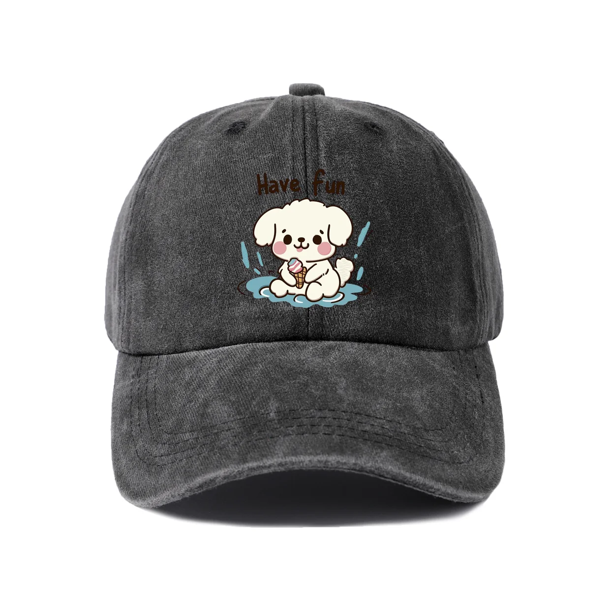 Happy Puppy Splash Graphic Baseball Cap, Vintage Washed Adjustable Unisex Dad Hat, Everyday Gift