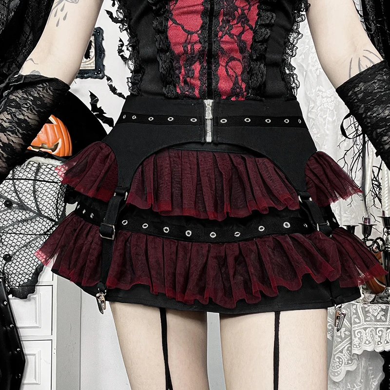 Y2K Gothic Red Lace Mesh Patchwork Mini Skirt Sexy Vintage Zipper Ballet Lolita Short Skirts Women Girls New Fashion Skirt