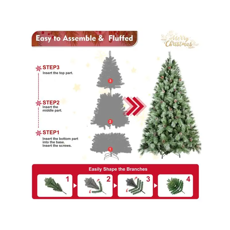7ft kunstmatige groene kerstboom met 1348 PVC gemengde takpunten, dennenappels, scharnierende premium en opvouwbare basis voor vakantie