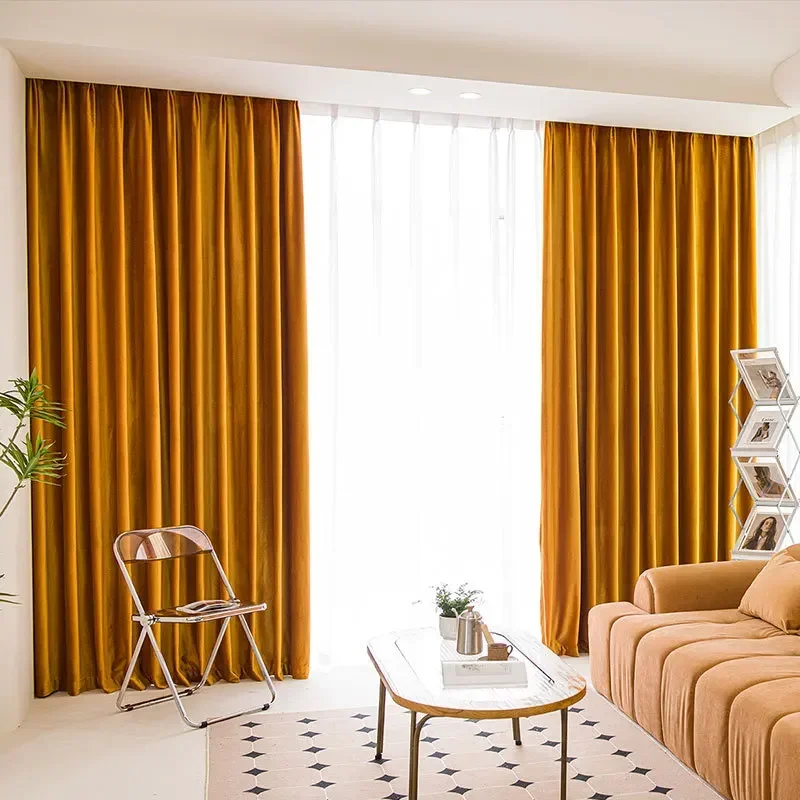 Nordic Light Luxury German Cotton Velvet Blackout Solid Color Curtains Thickened Curtains For Living Dining Room Bedroom Custom