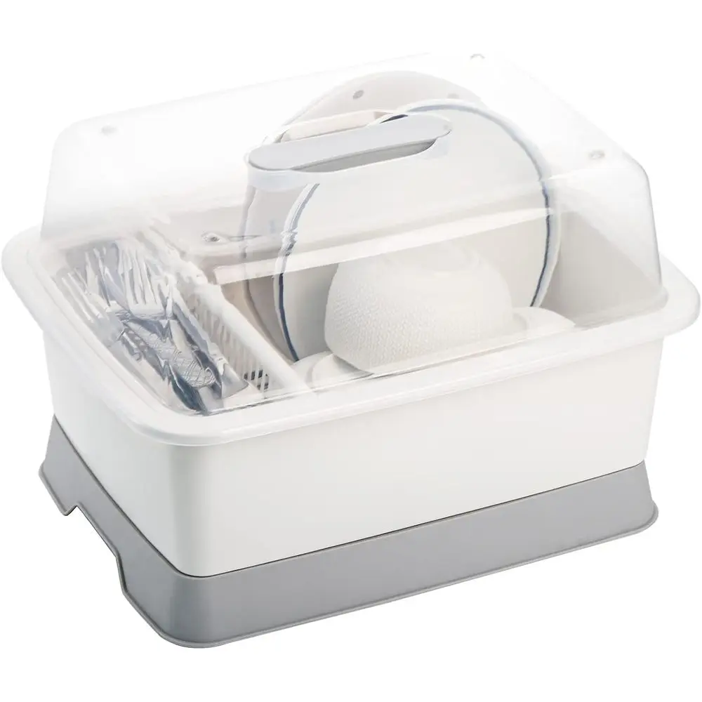 

Plastic Dish Drying Rack, Bottle Dryer Holder with Cover Lid and Removable Drainboard, White Utensil and Cup Holder or Kitchen C