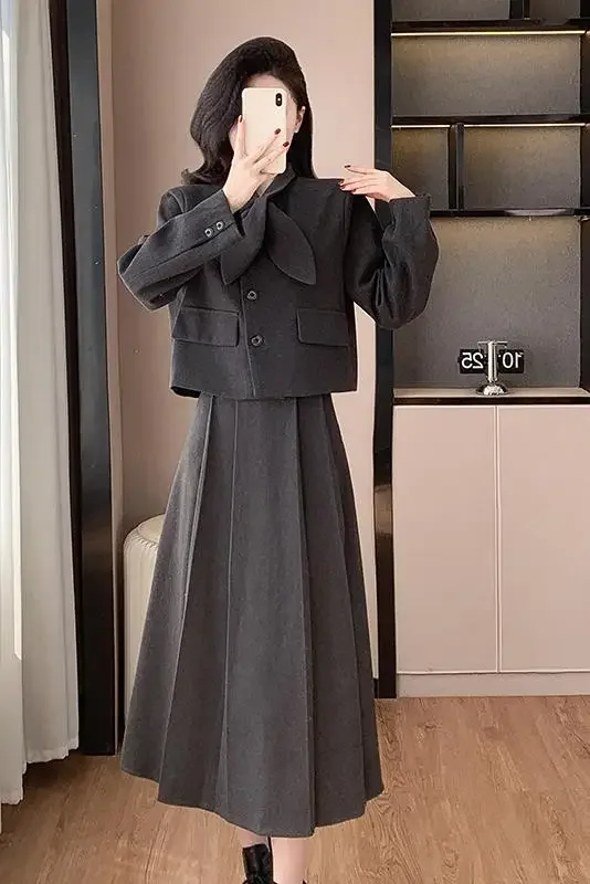 Mid-length Pleated Skirt Wool Padded Classic Style Skirt Set for Women Female Ladies Winter Bow-tie Thickened Coat and Skirt